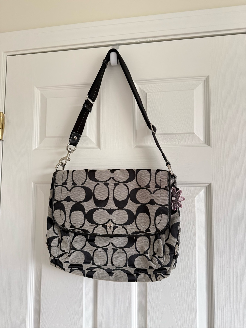 Coach Signature Satchel Medium Black Gray Canvas Leather Trim Crossbody